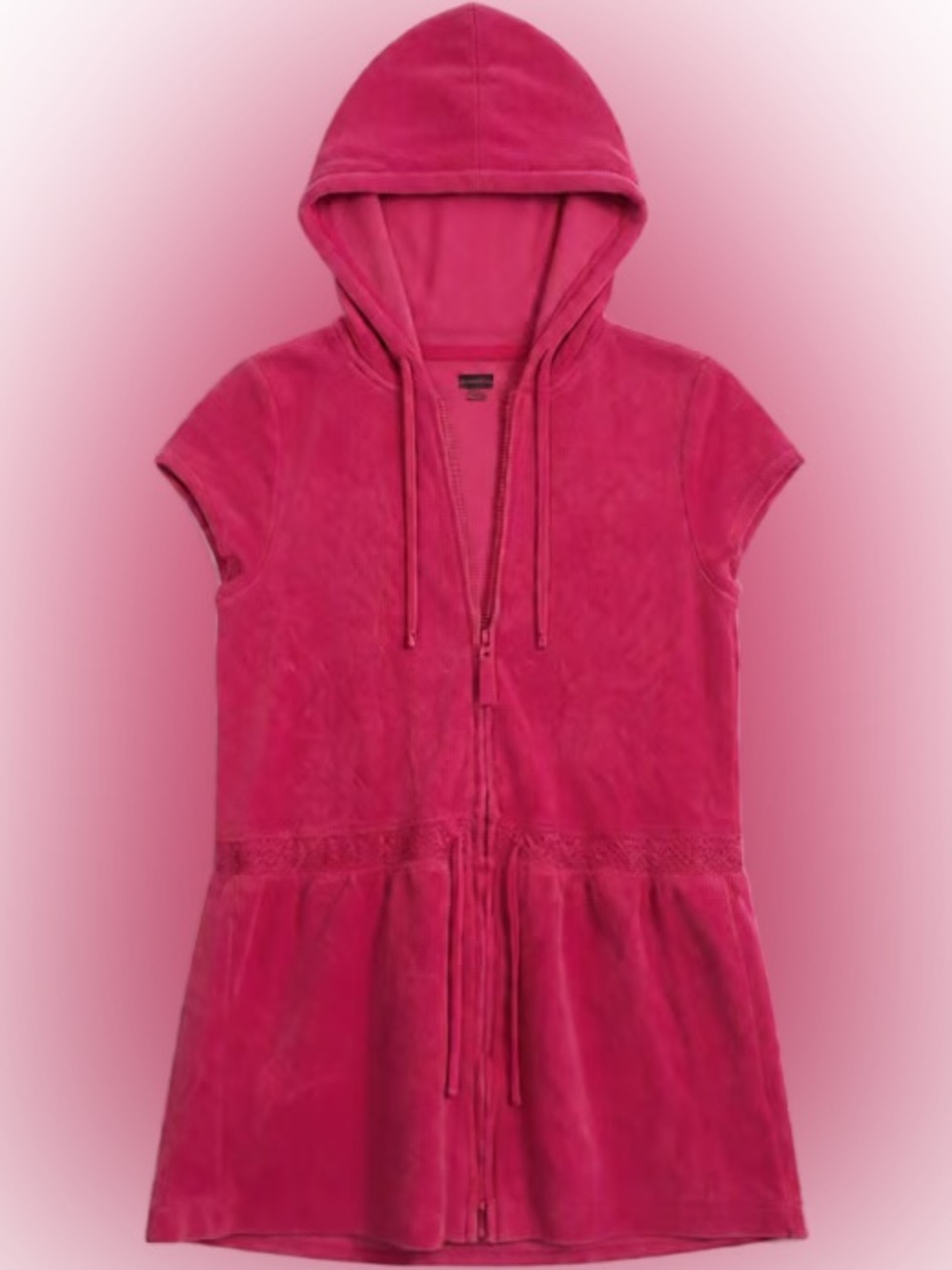 Y2K Short Sleeve Hooded Zip-Up Terrycloth Top in Bright Fuchsia